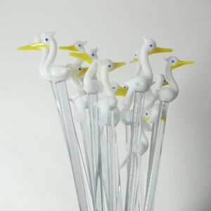 Cocktail Stirrers White Birds Hand Blown Glass Set of 16 Vintage Swizzle Sticks